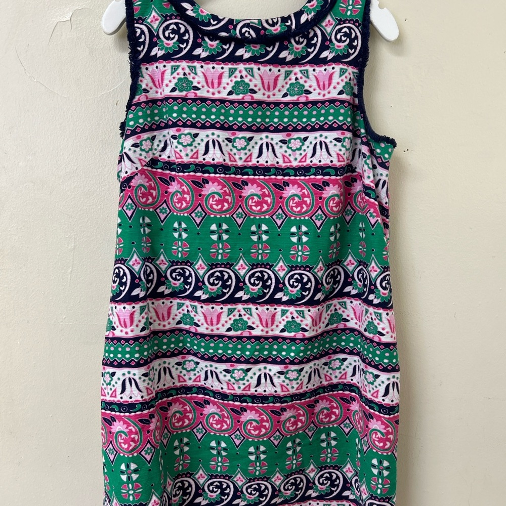 Talbots Petites size 16P colorful floral print shift dress‎ fringe trim